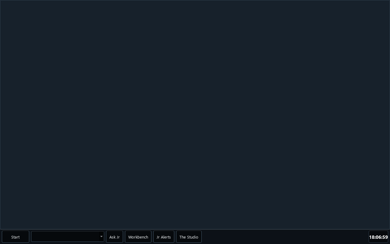 The JrOS desktop with its taskbar: Start, Ask Jr, Workbench, Jr Alerts, and The Studio.