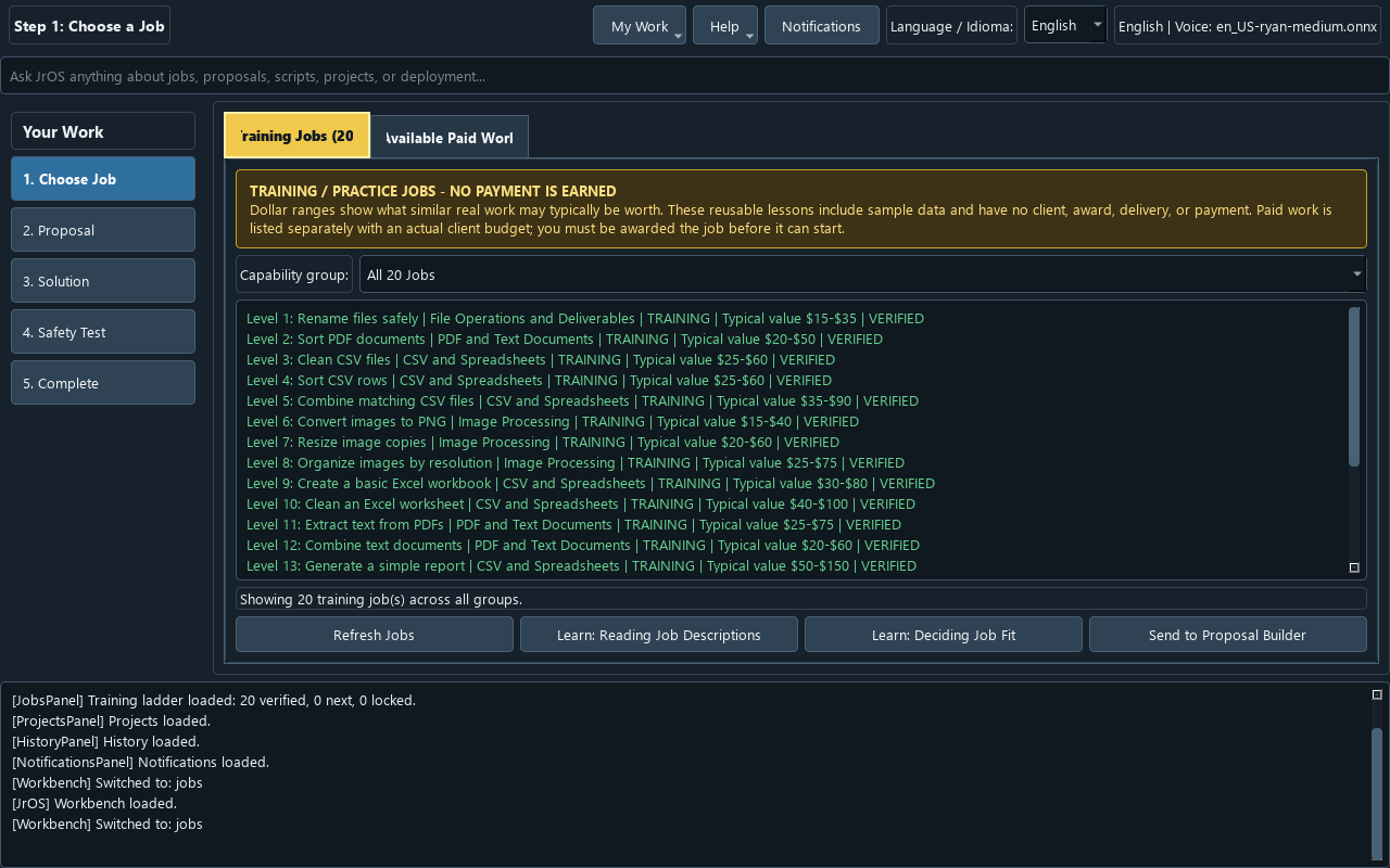 Workbench, step 1: the list of 20 training jobs, each labeled TRAINING with a typical real-world value range, under a banner that says no payment is earned for practice jobs.
